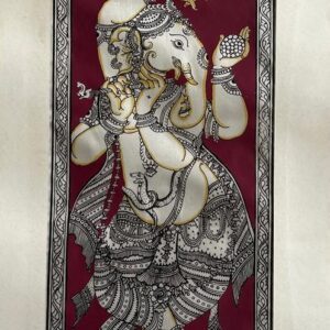 Ganesh Side Face Dancing Pattachitra Art (Maroon) - Tussore Silk Painting - 6*16 inch - In Silk Cloth - Unframed