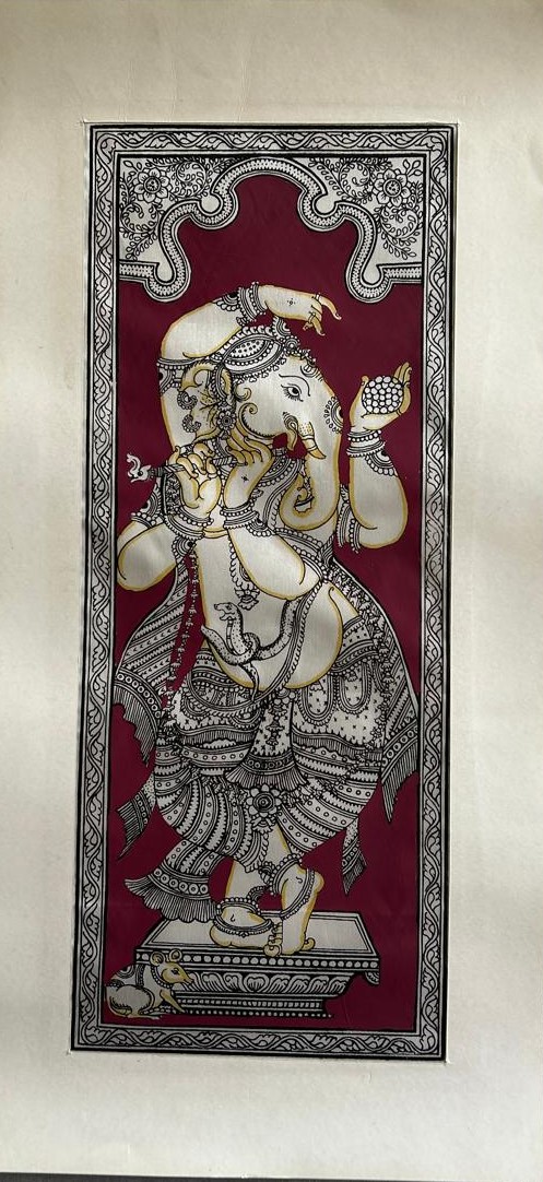 Ganesh Side Face Dancing Pattachitra Art (Maroon) - Tussore Silk Painting - 6*16 inch - In Silk Cloth - Unframed
