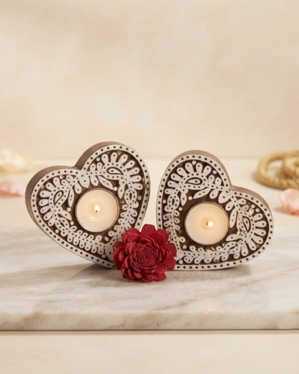 Heart #1 - Wooden Block T-Light Candle Holders - Set of 2