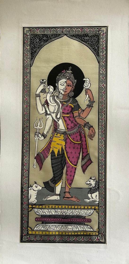 Ardh Nageshwar Pattachitra Art - Tussore Silk Painting - 6*16 inch - In Silk Cloth - Unframed