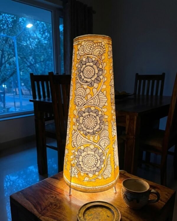 Fish and Floral Yellow - Tholu Bommalata Leather Lampshade with Plug & Wire – 17-Inch
