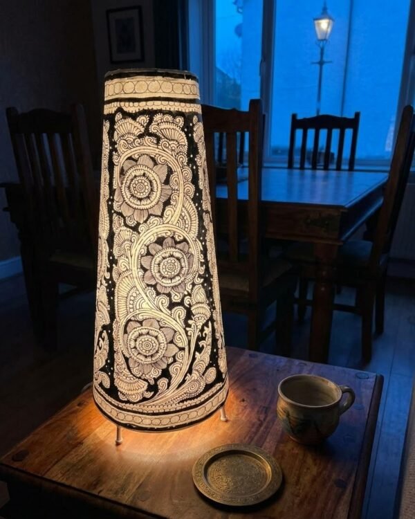 Floral Black- Tholu Bommalata Leather Lampshade with Plug & Wire – 17-Inch