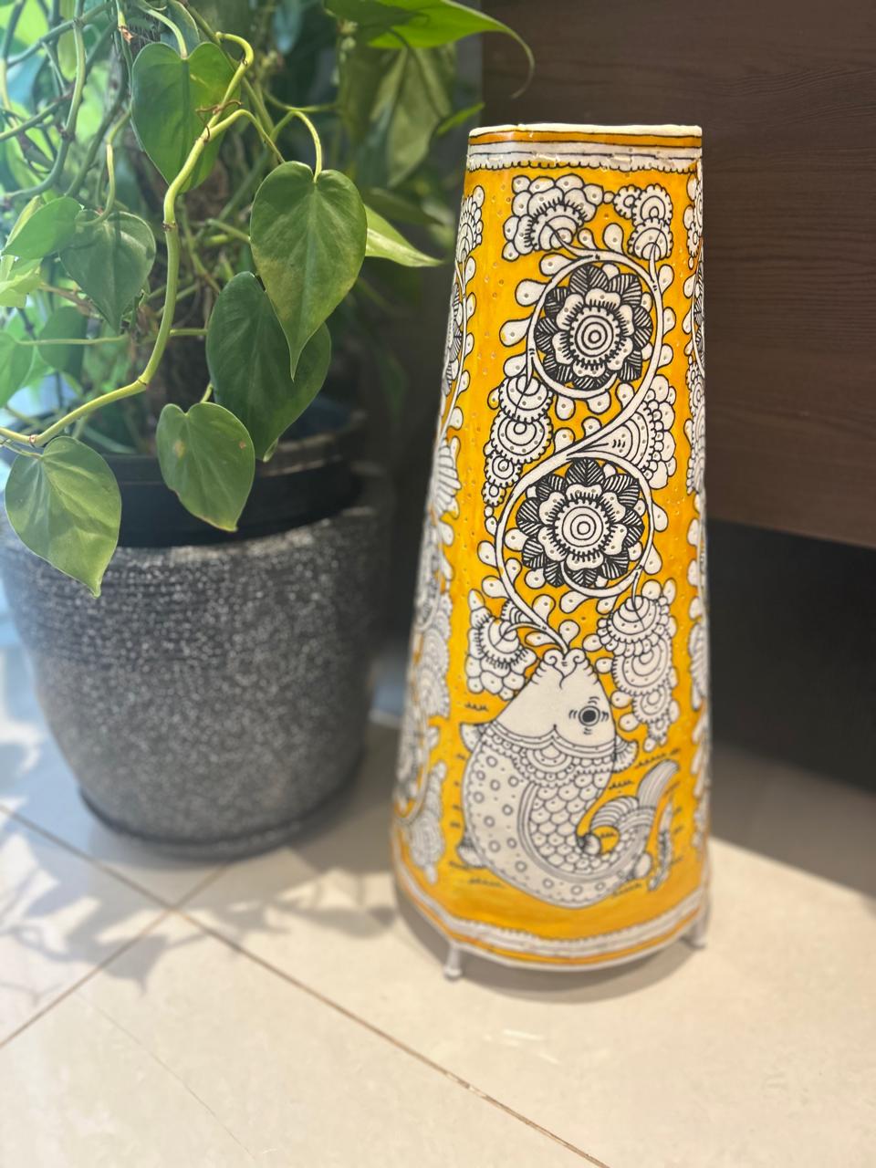 Fish and Floral Yellow - Tholu Bommalata Leather Lampshade with Plug & Wire – 17-Inch - Image 5