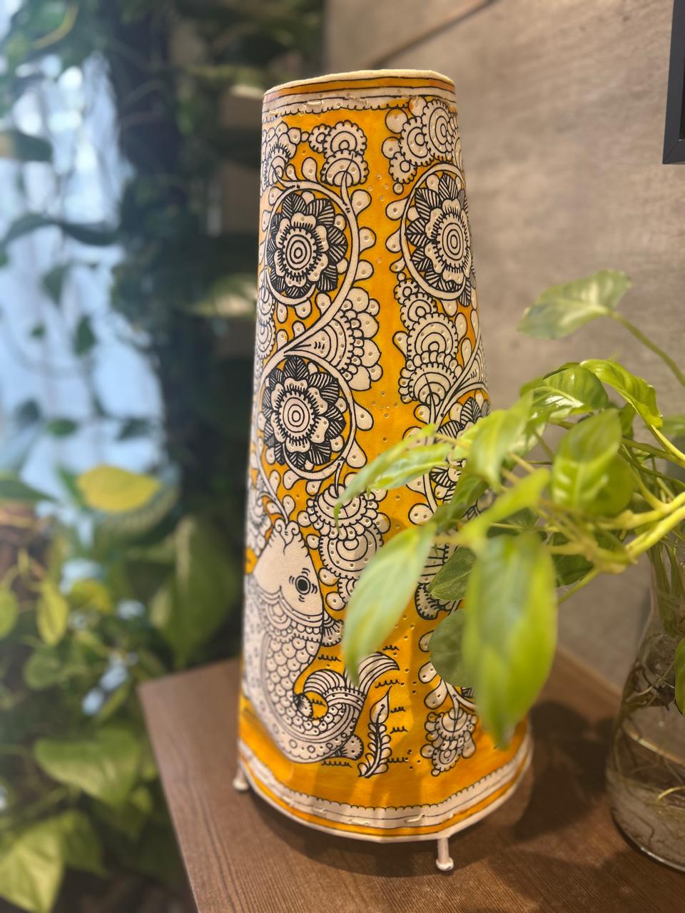 Fish and Floral Yellow - Tholu Bommalata Leather Lampshade with Plug & Wire – 17-Inch - Image 4