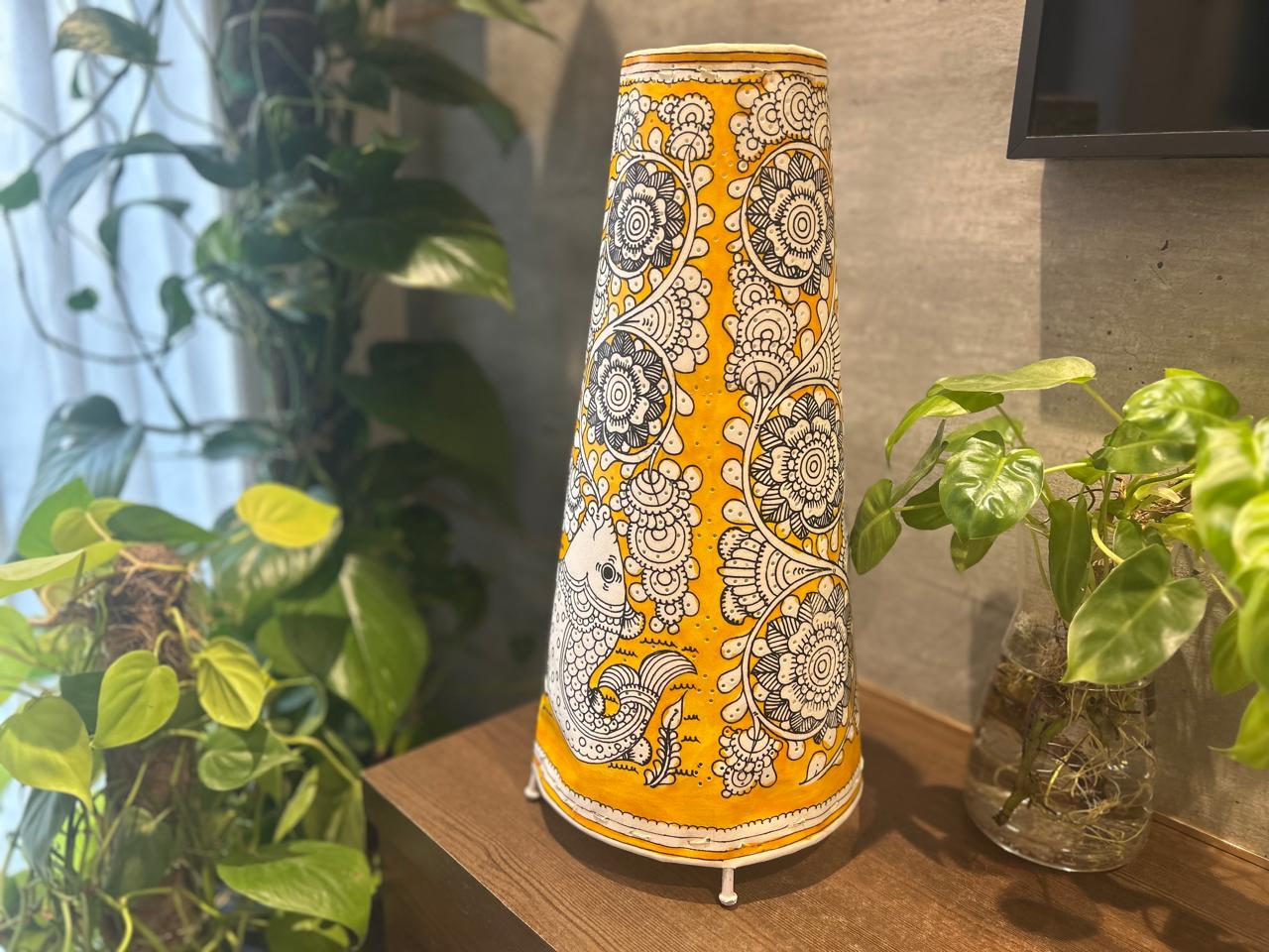 Fish and Floral Yellow - Tholu Bommalata Leather Lampshade with Plug & Wire – 17-Inch - Image 2