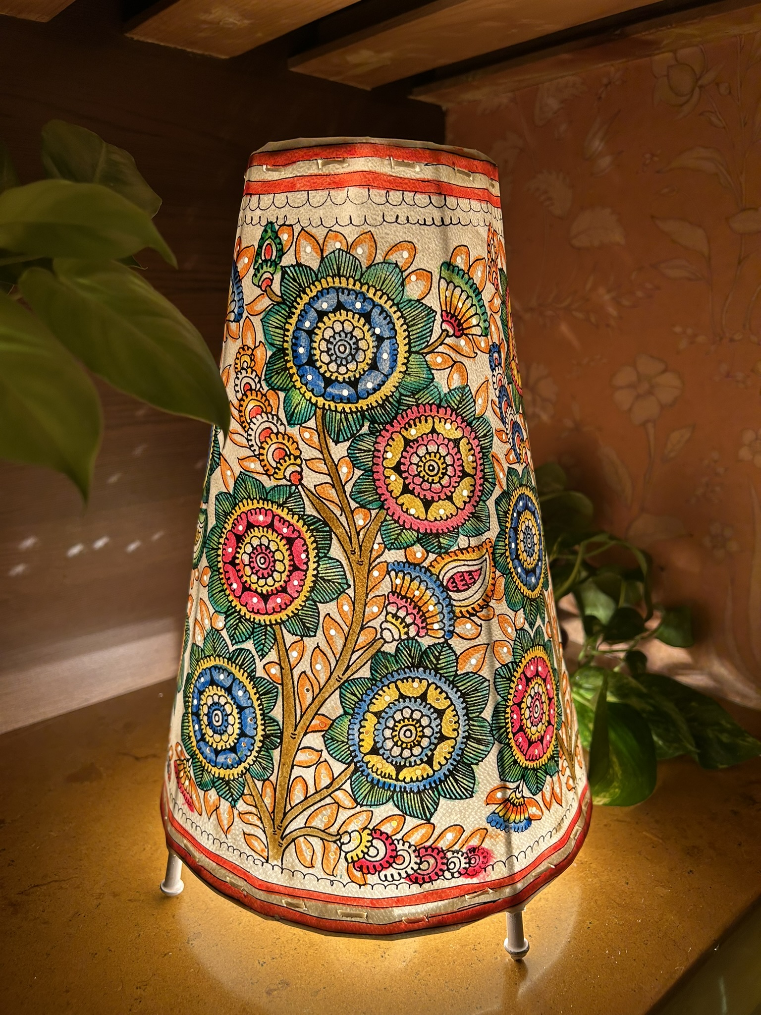 Floral Multicolour - Tholu Bommalata Leather Lampshade with Plug & Wire – 13-Inch