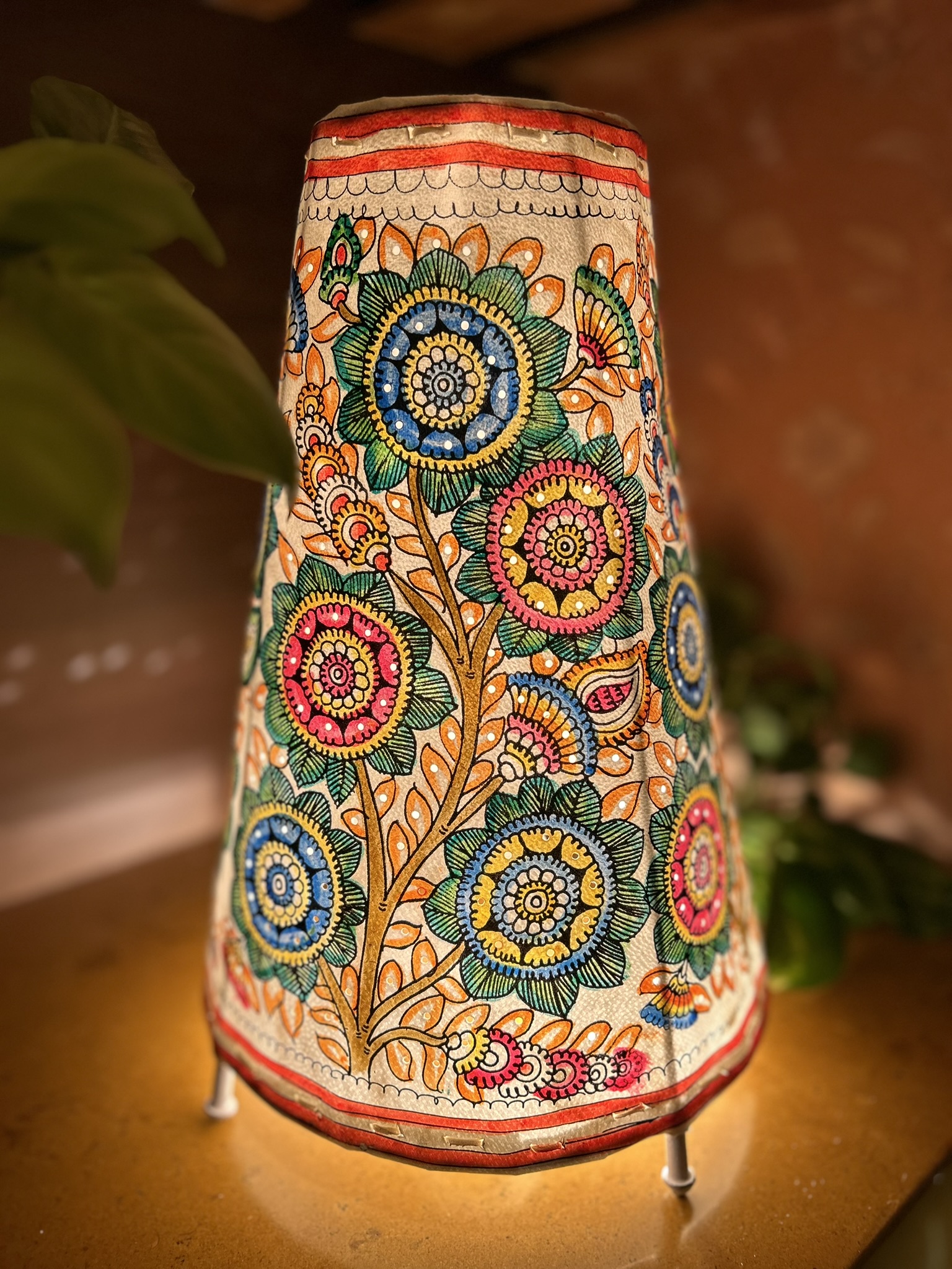 Floral Multicolour - Tholu Bommalata Leather Lampshade with Plug & Wire – 13-Inch - Image 4