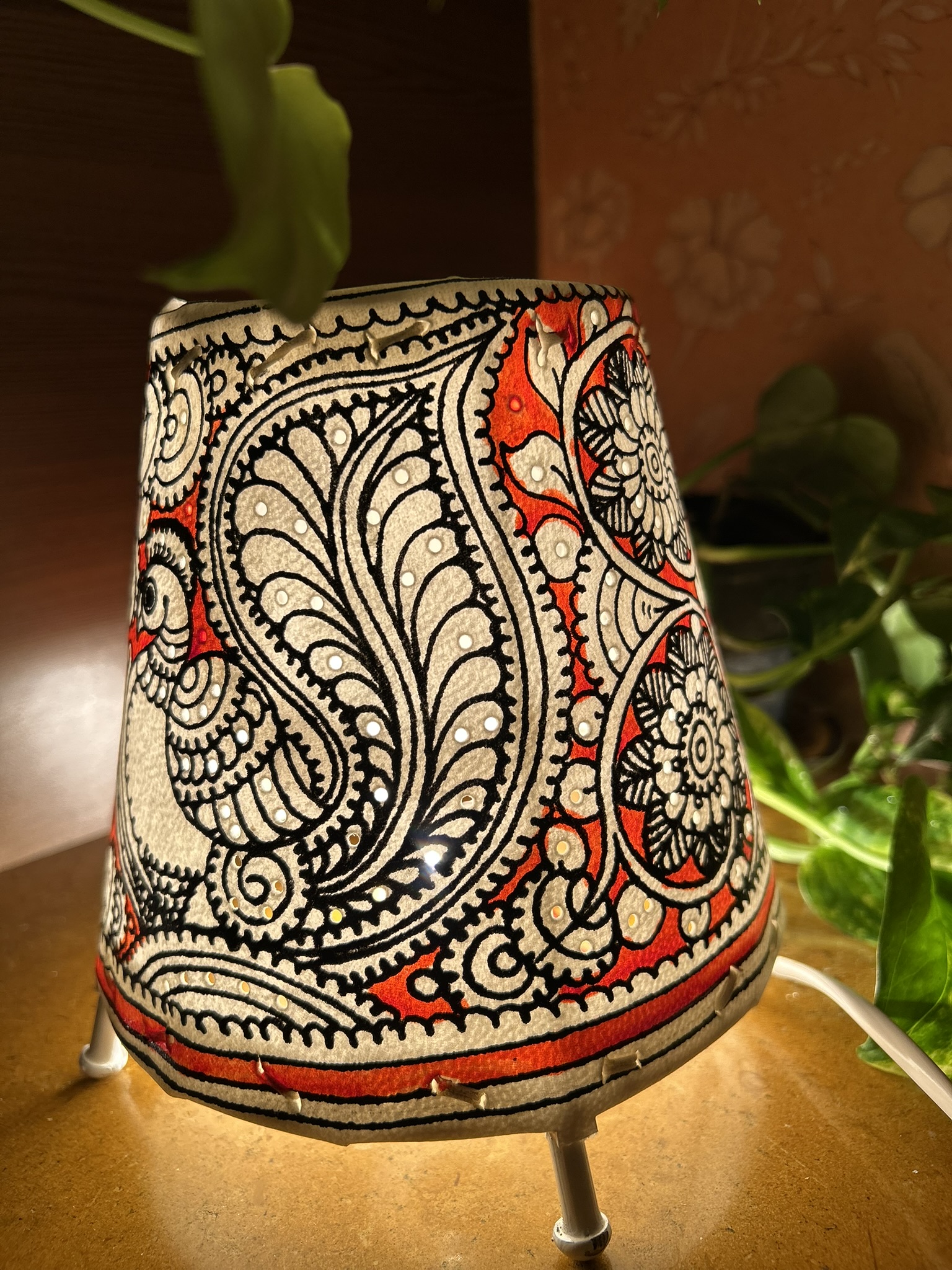 Peacock Red - Tholu Bommalata Leather Lampshade with Plug & Wire – 6-Inch