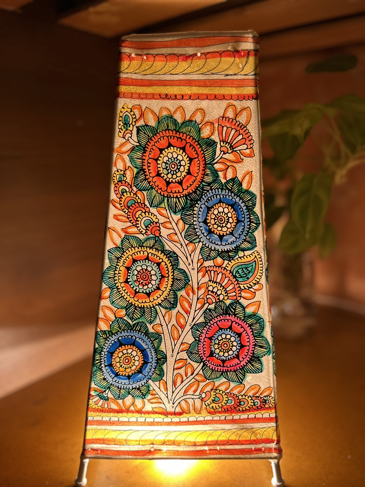 Floral Multicolour- Tholu Bommalata Leather Lampshade with Plug & Wire – 13-Inch - Image 6