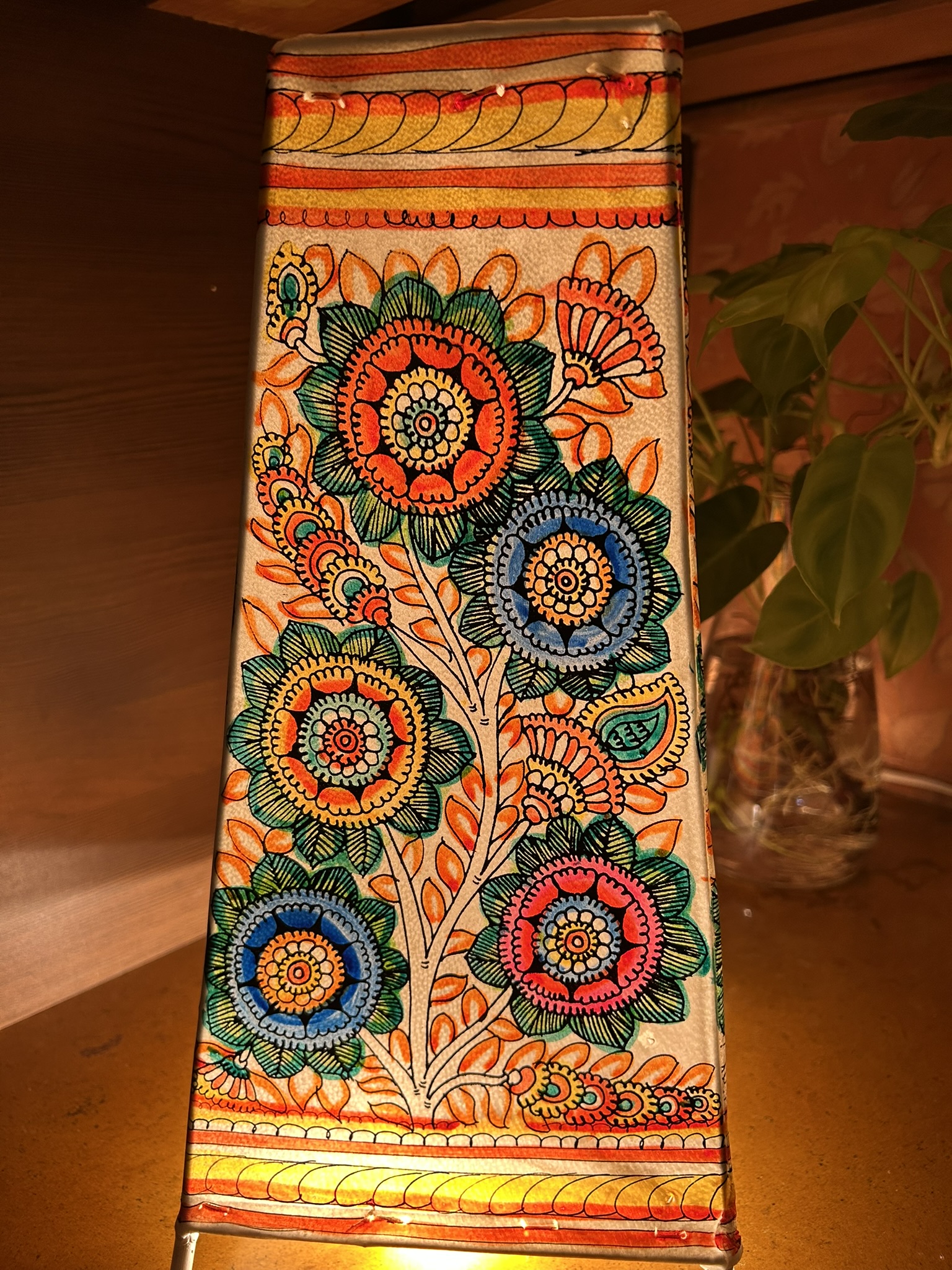 Floral Multicolour- Tholu Bommalata Leather Lampshade with Plug & Wire – 13-Inch - Image 5