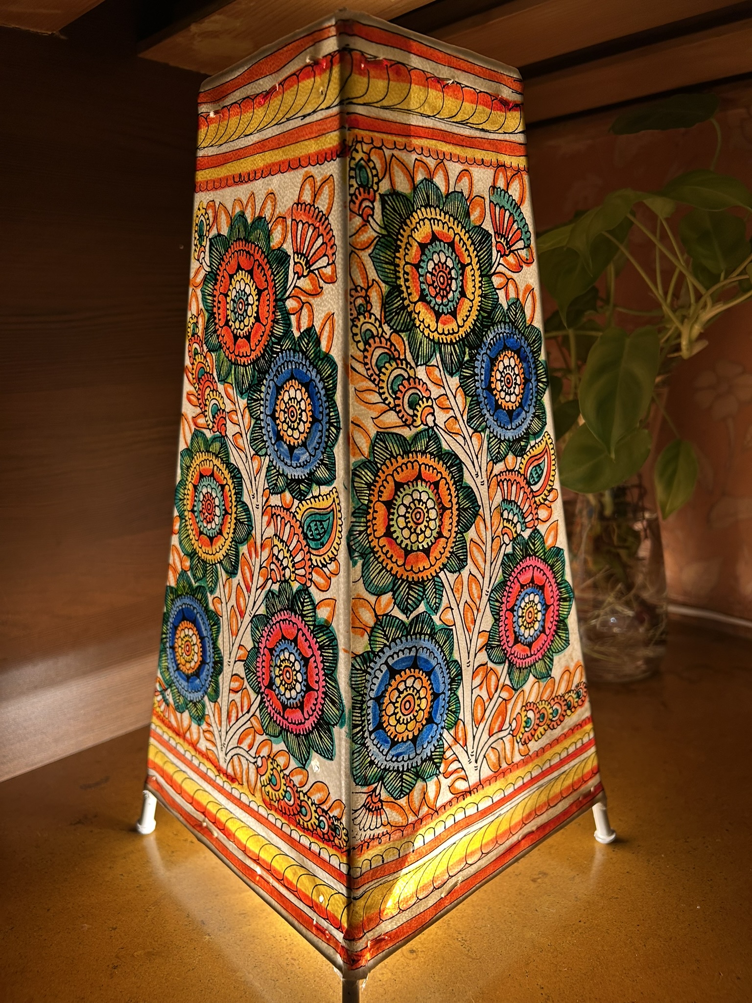 Floral Multicolour- Tholu Bommalata Leather Lampshade with Plug & Wire – 13-Inch