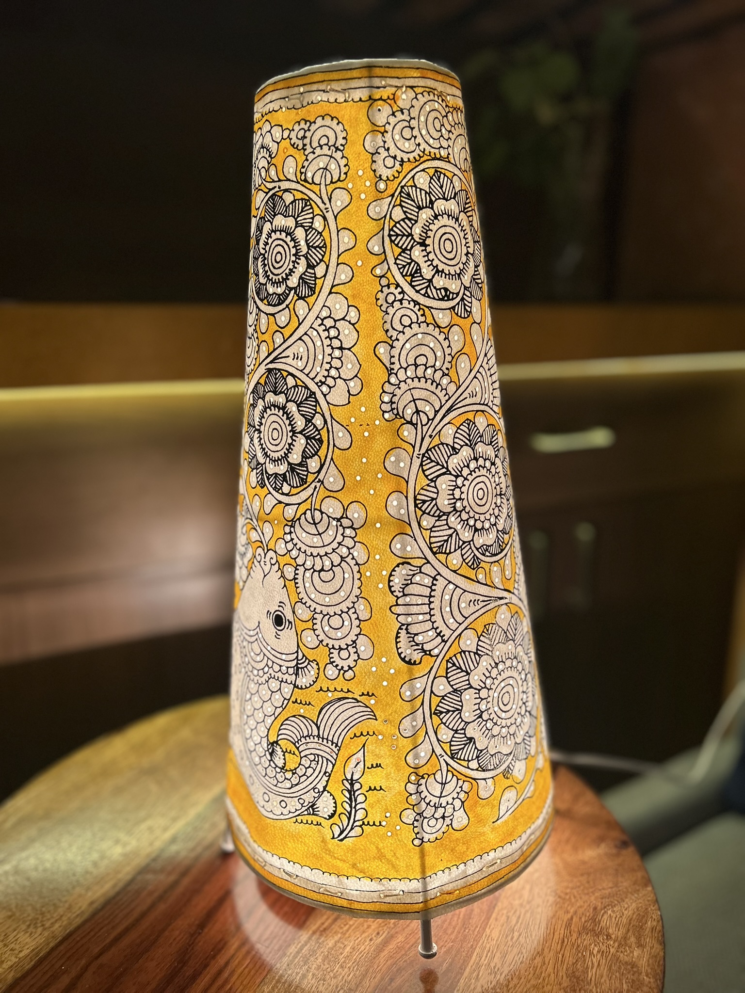 Fish and Floral Yellow - Tholu Bommalata Leather Lampshade with Plug & Wire – 17-Inch - Image 10