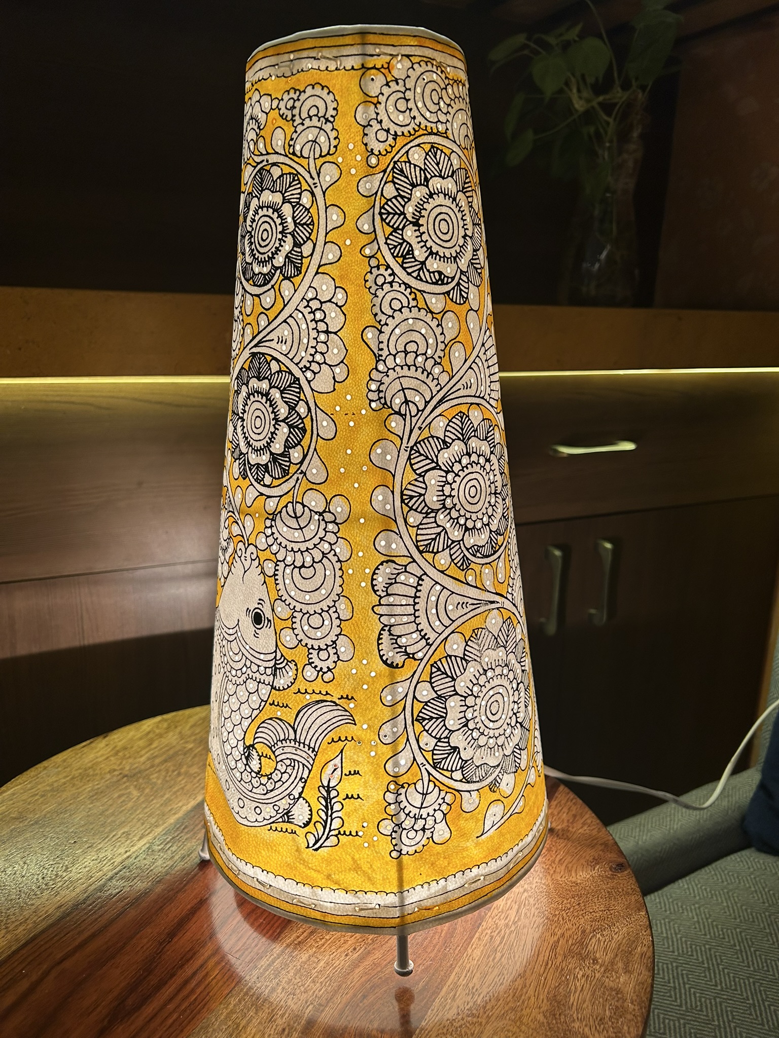 Fish and Floral Yellow - Tholu Bommalata Leather Lampshade with Plug & Wire – 17-Inch - Image 9