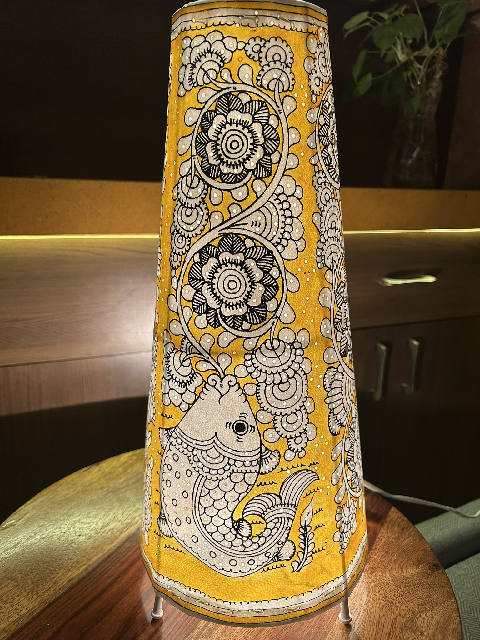 Fish and Floral Yellow - Tholu Bommalata Leather Lampshade with Plug & Wire – 17-Inch - Image 8