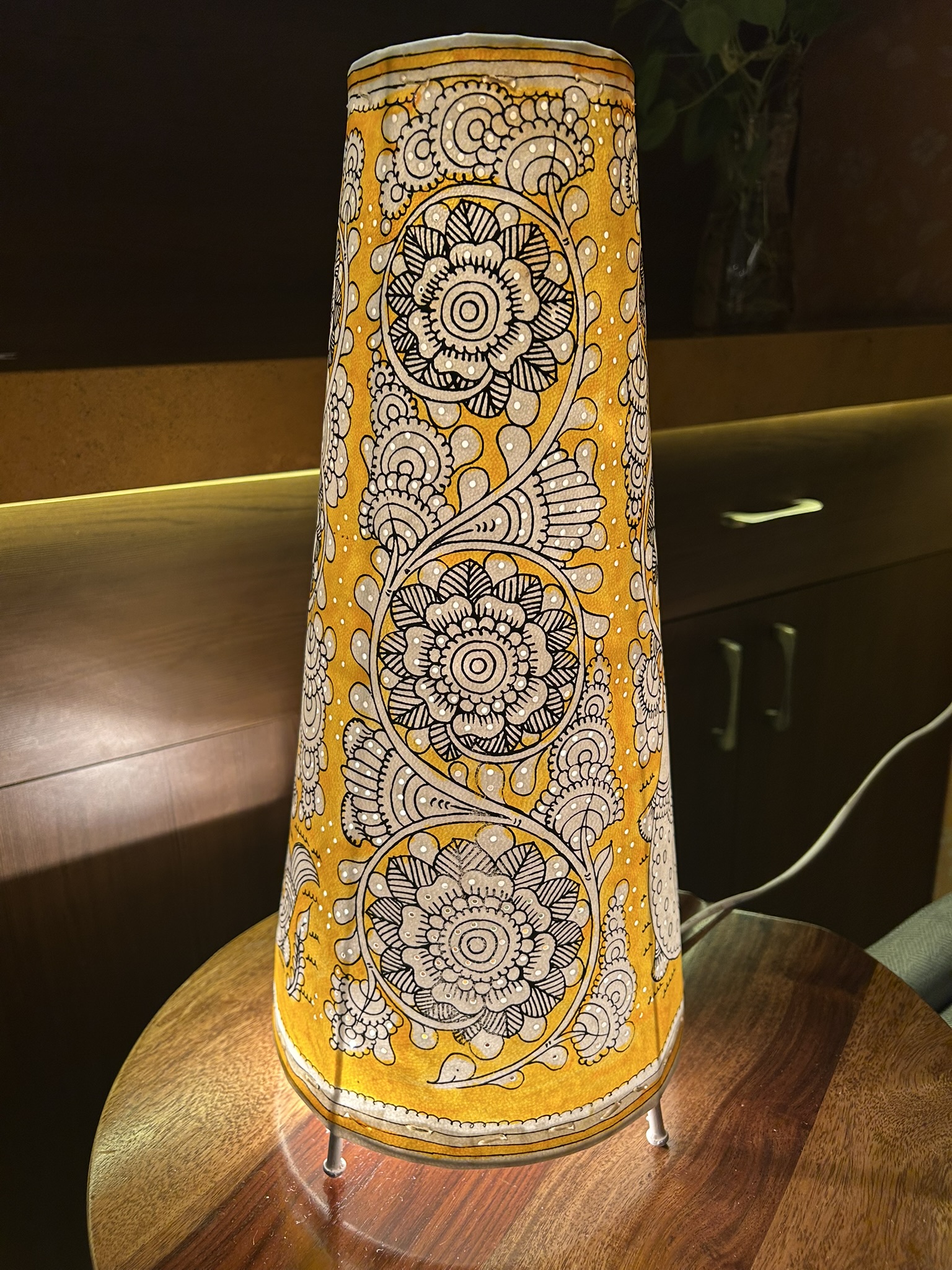 Fish and Floral Yellow - Tholu Bommalata Leather Lampshade with Plug & Wire – 17-Inch