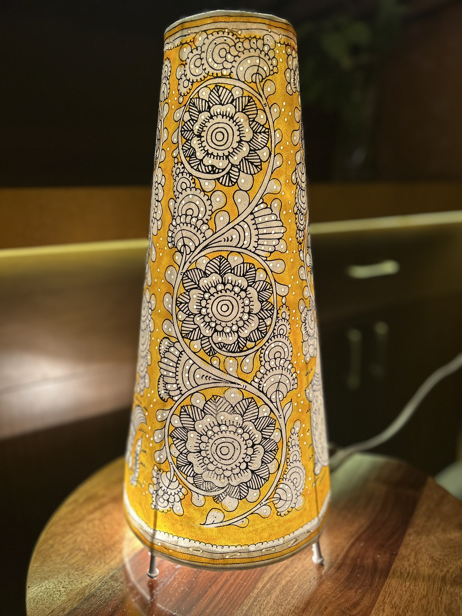 Fish and Floral Yellow - Tholu Bommalata Leather Lampshade with Plug & Wire – 17-Inch - Image 6