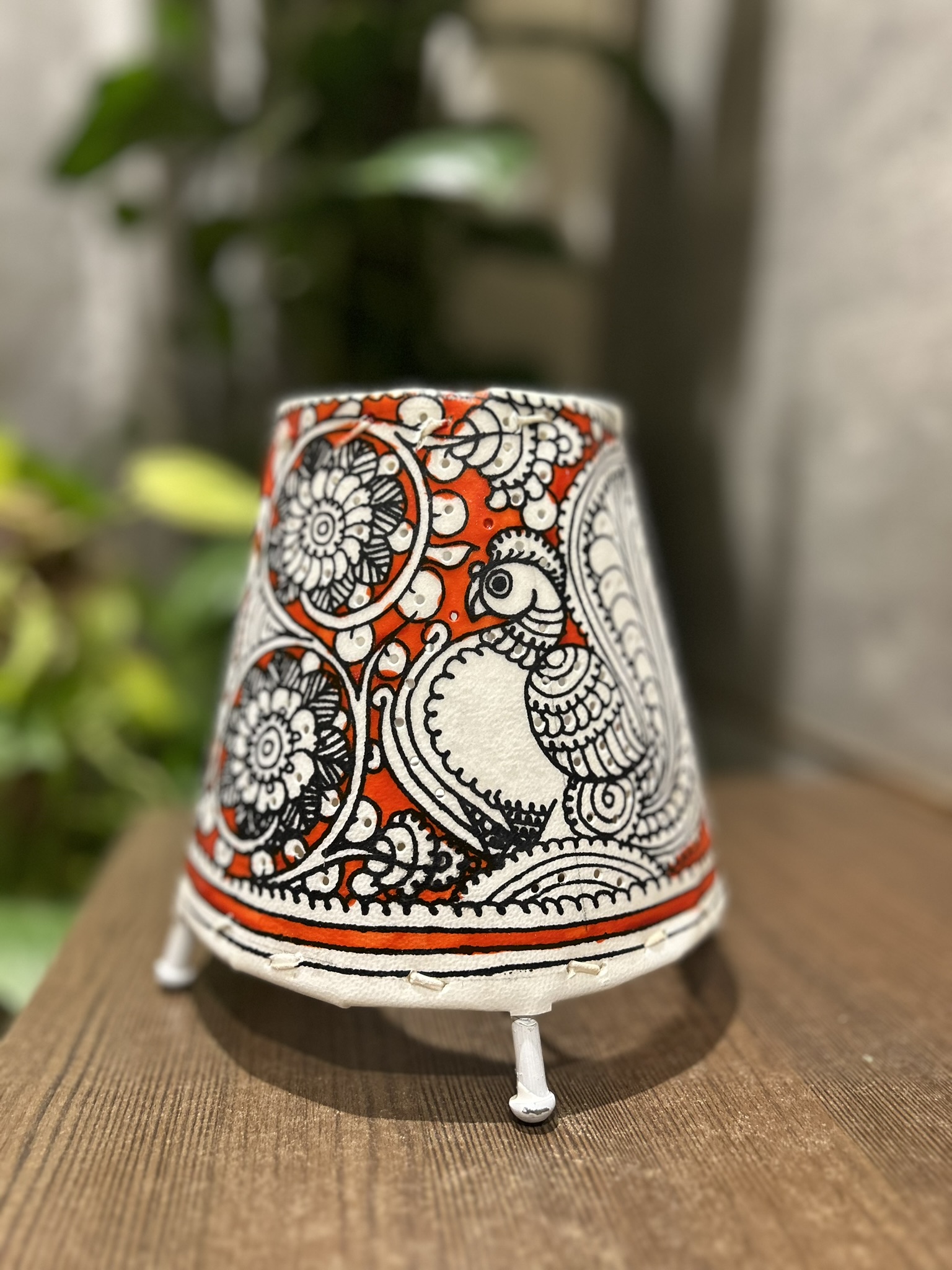 Peacock Red - Tholu Bommalata Leather Lampshade with Plug & Wire – 6-Inch - Image 2