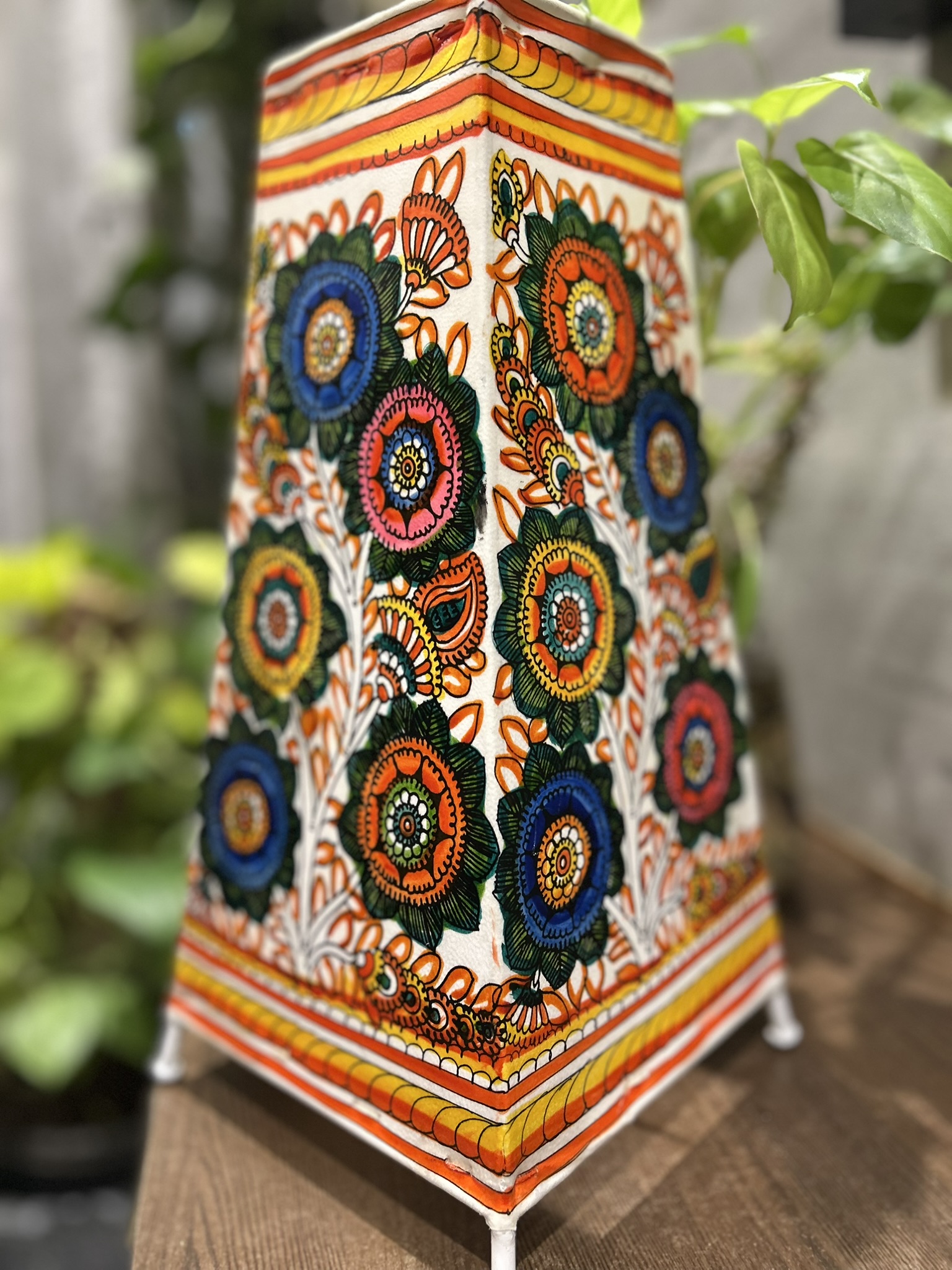 Floral Multicolour- Tholu Bommalata Leather Lampshade with Plug & Wire – 13-Inch - Image 2