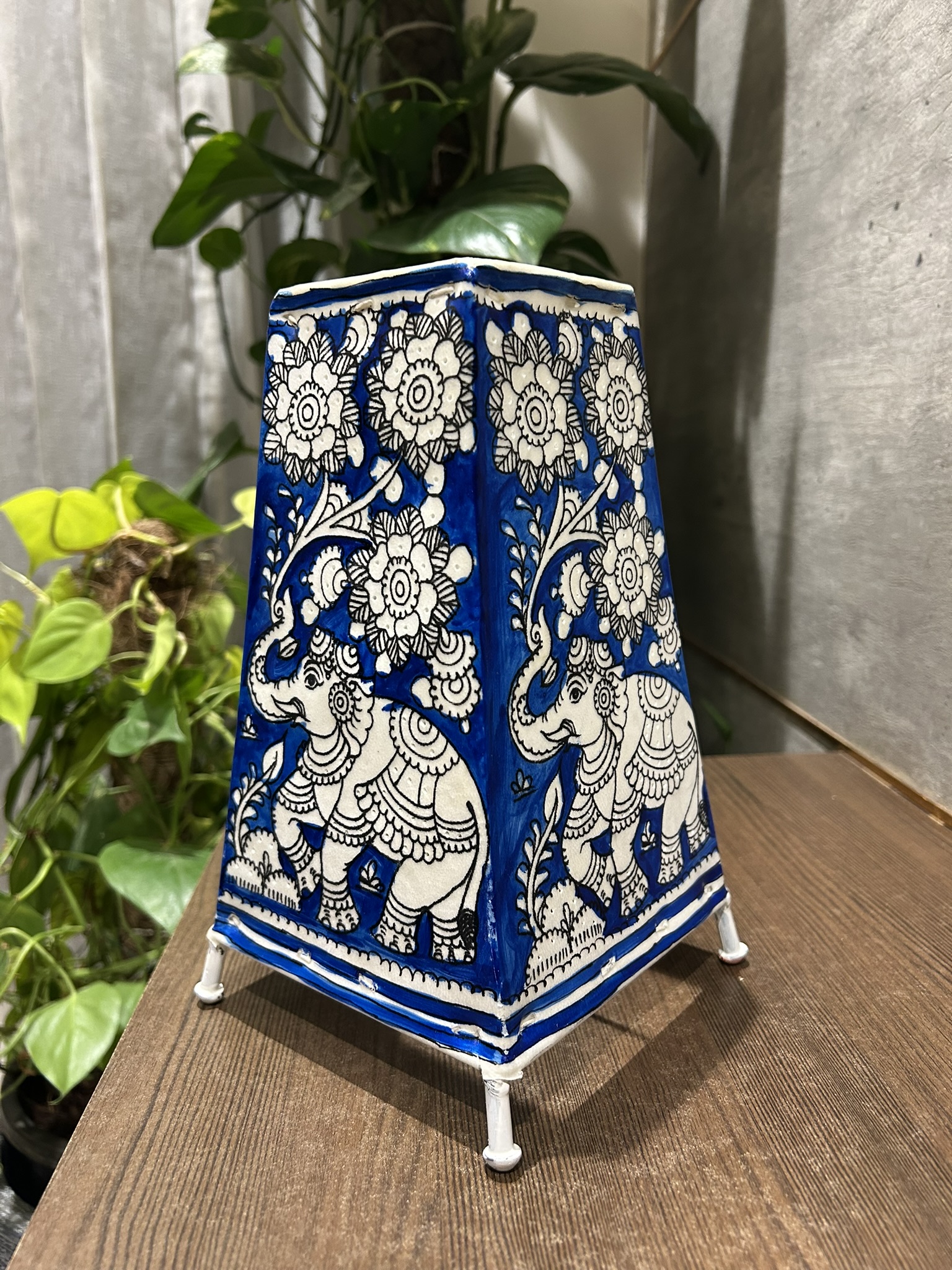 Elephant Blue - Tholu Bommalata Leather Lampshade with Plug & Wire – 9-Inch - Image 5