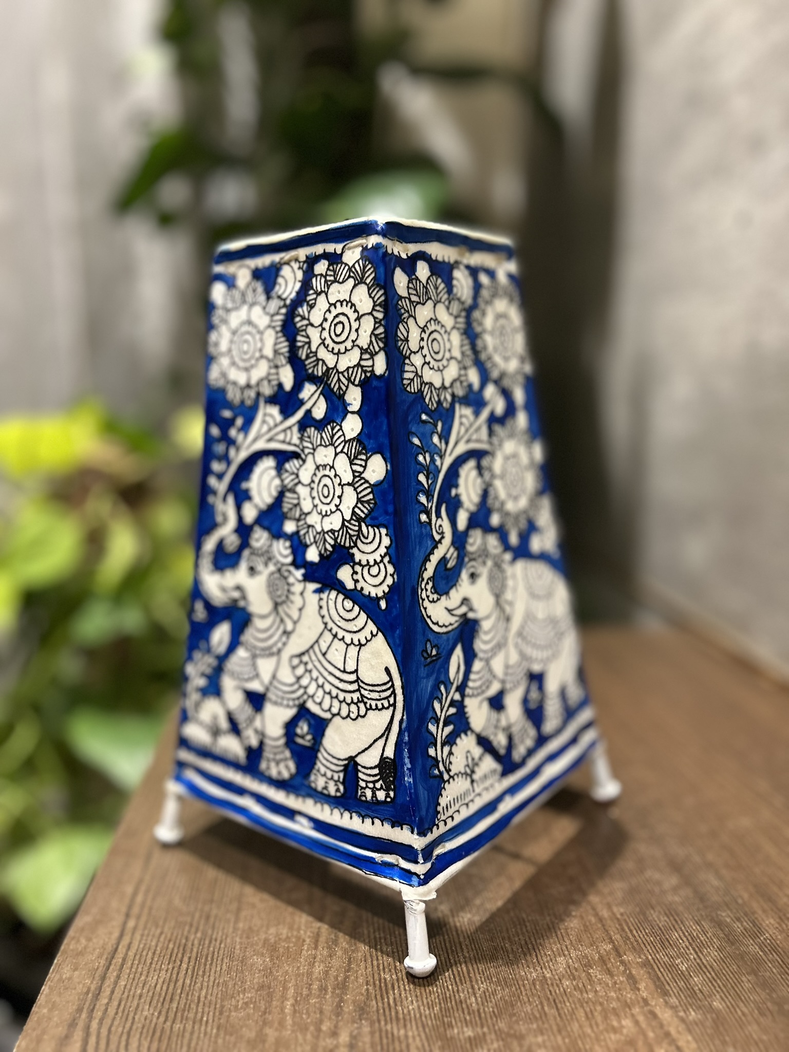 Elephant Blue - Tholu Bommalata Leather Lampshade with Plug & Wire – 9-Inch - Image 4