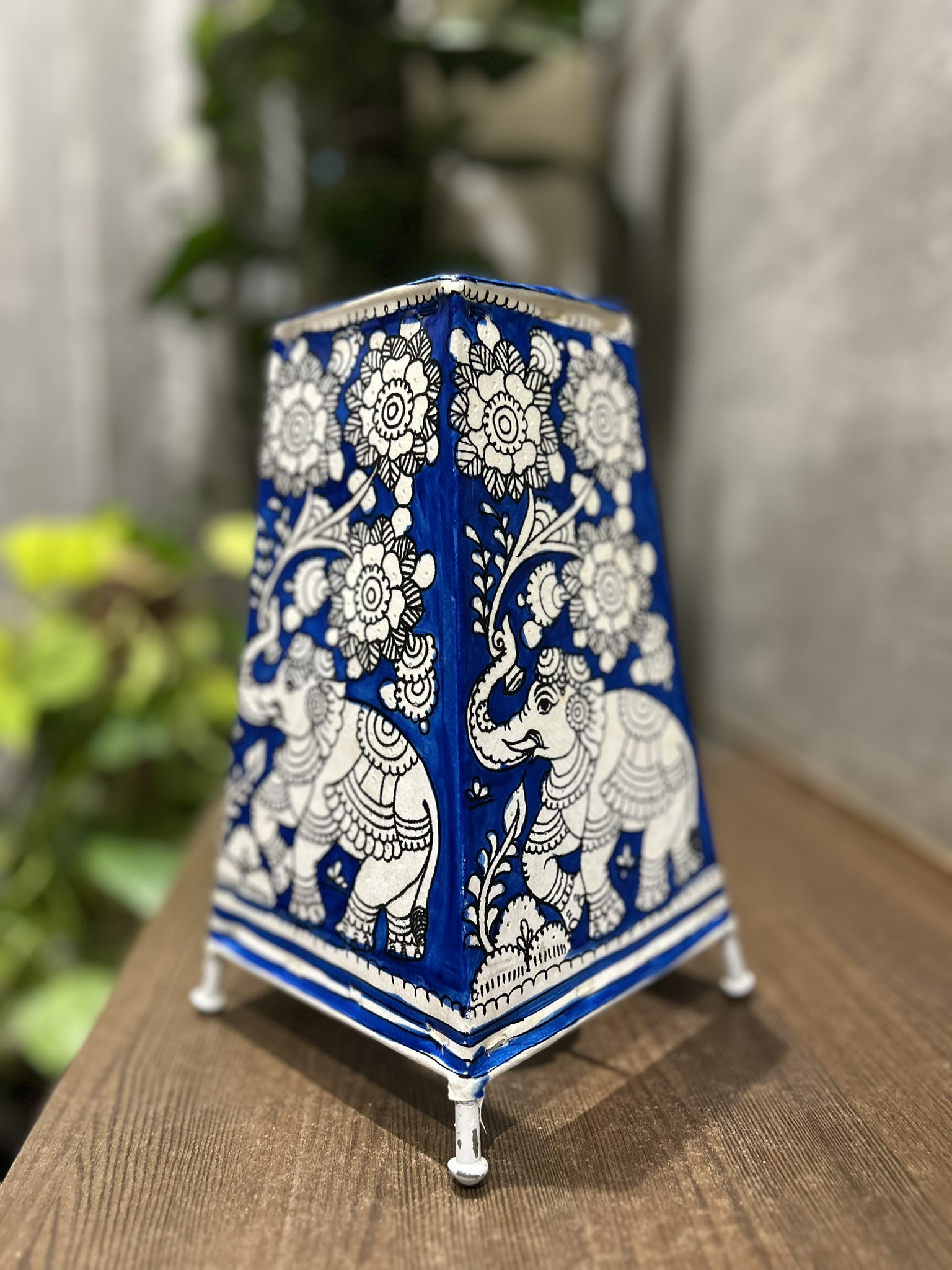 Elephant Blue - Tholu Bommalata Leather Lampshade with Plug & Wire – 9-Inch - Image 3