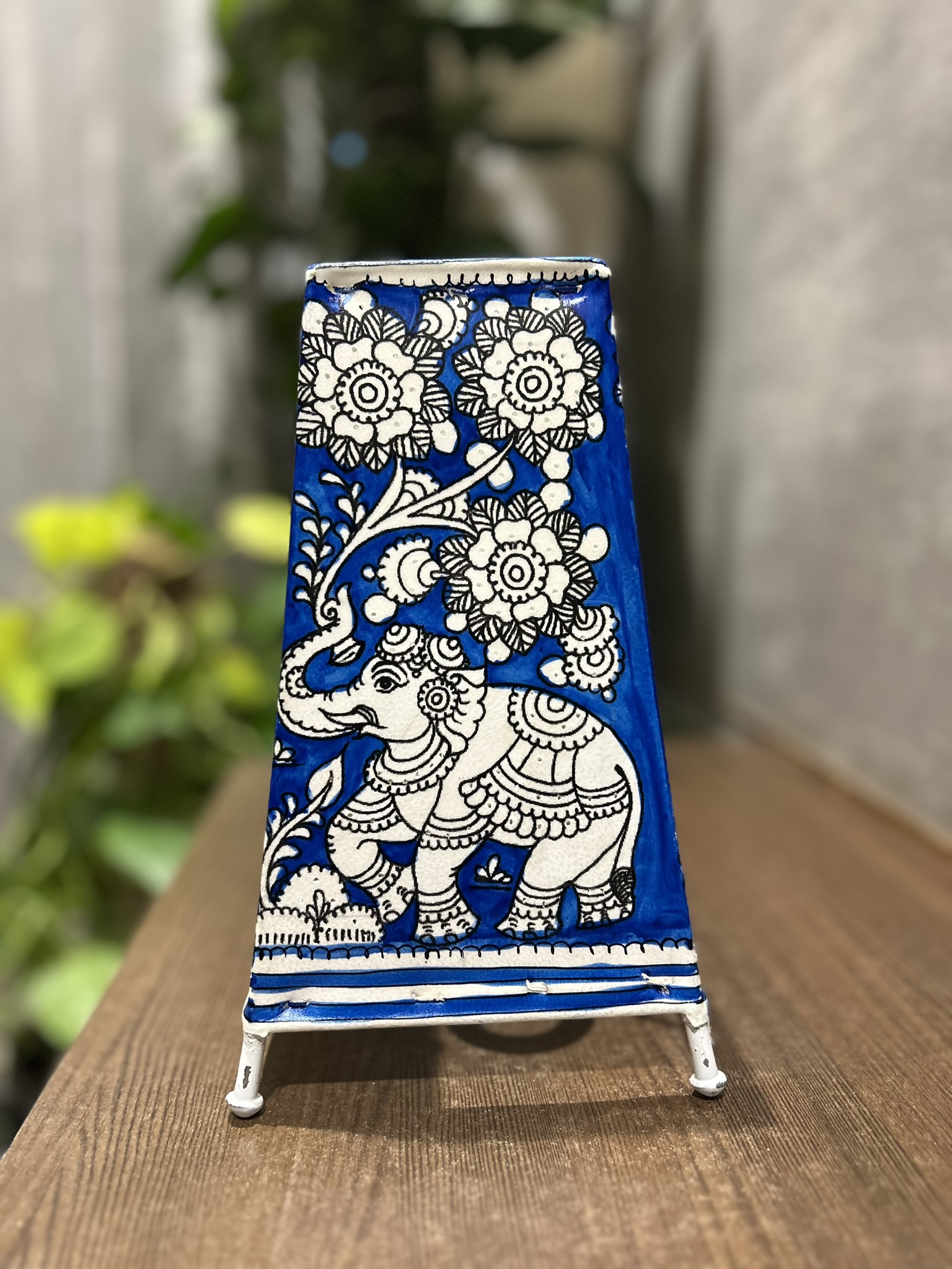 Elephant Blue - Tholu Bommalata Leather Lampshade with Plug & Wire – 9-Inch - Image 2