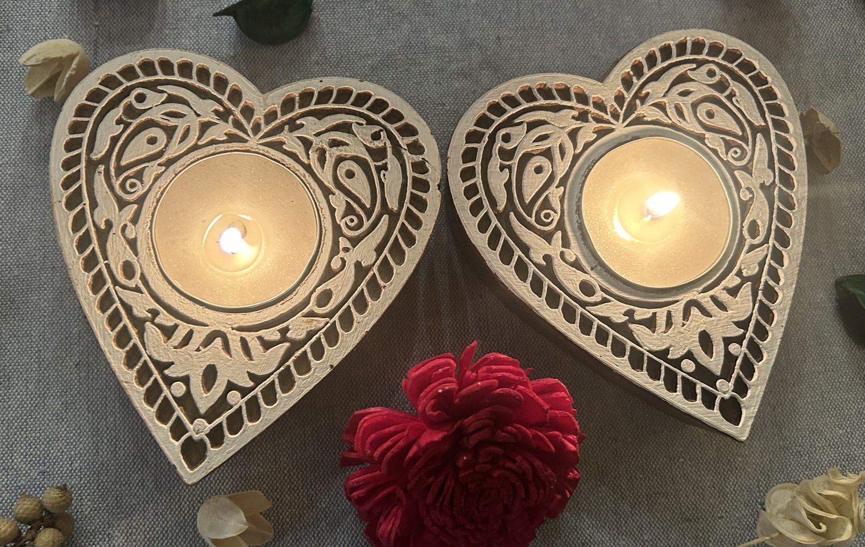 Heart #2 - Wooden Block T-Light Candle Holders - Set of 2