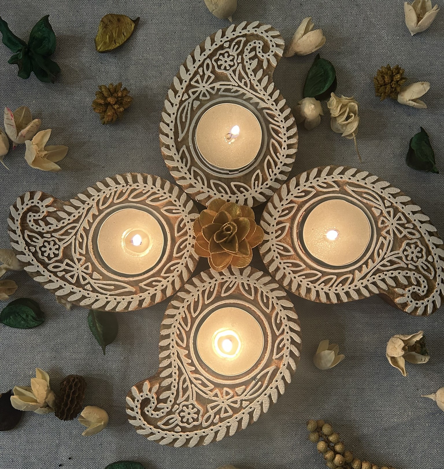 Paisely Motif - Wooden Block T-Light Candle Holders - Set of 2