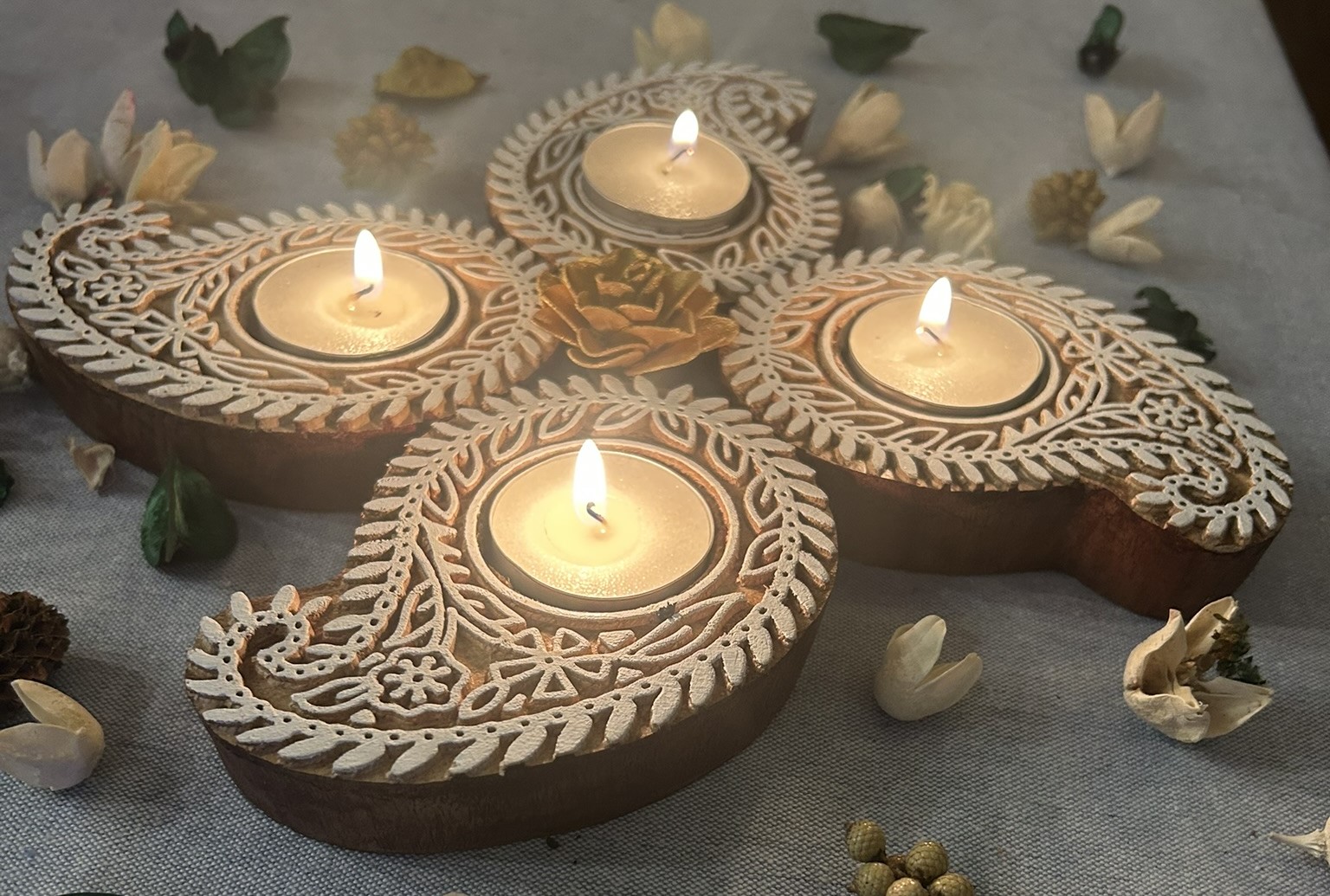 Paisely Motif - Wooden Block T-Light Candle Holders - Set of 2 - Image 3