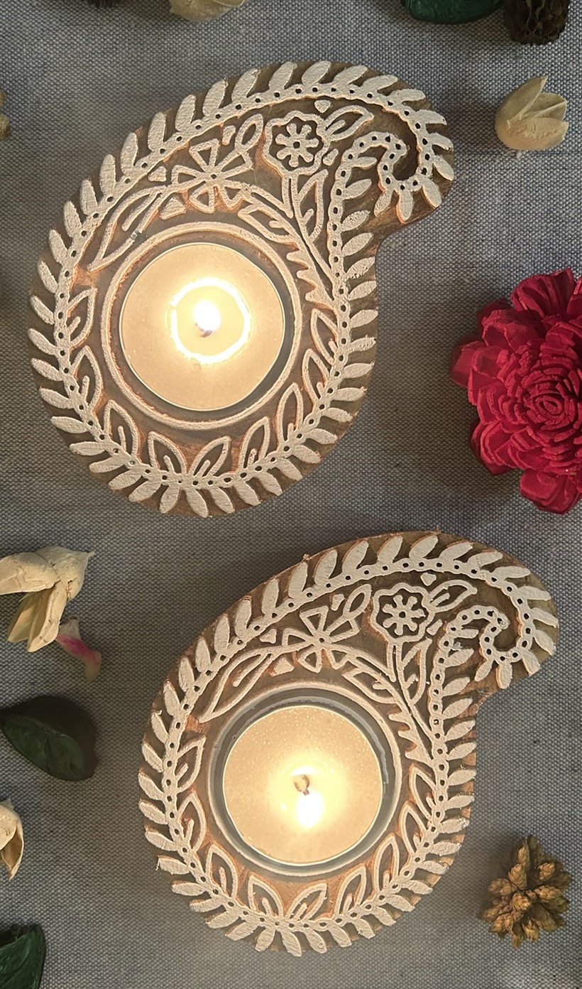 Paisely Motif - Wooden Block T-Light Candle Holders - Set of 2 - Image 4