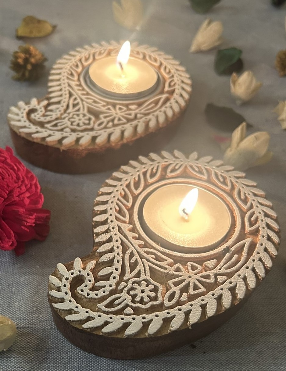 Paisely Motif - Wooden Block T-Light Candle Holders - Set of 2 - Image 5
