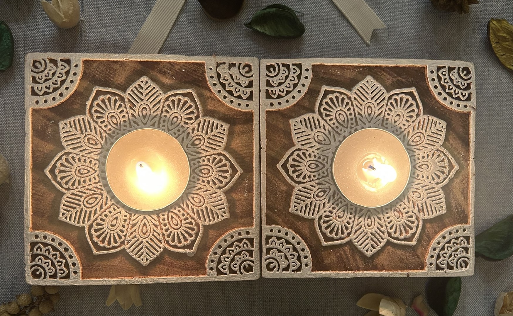 Square #3 - Wooden Block T-Light Candle Holders - Set of 2
