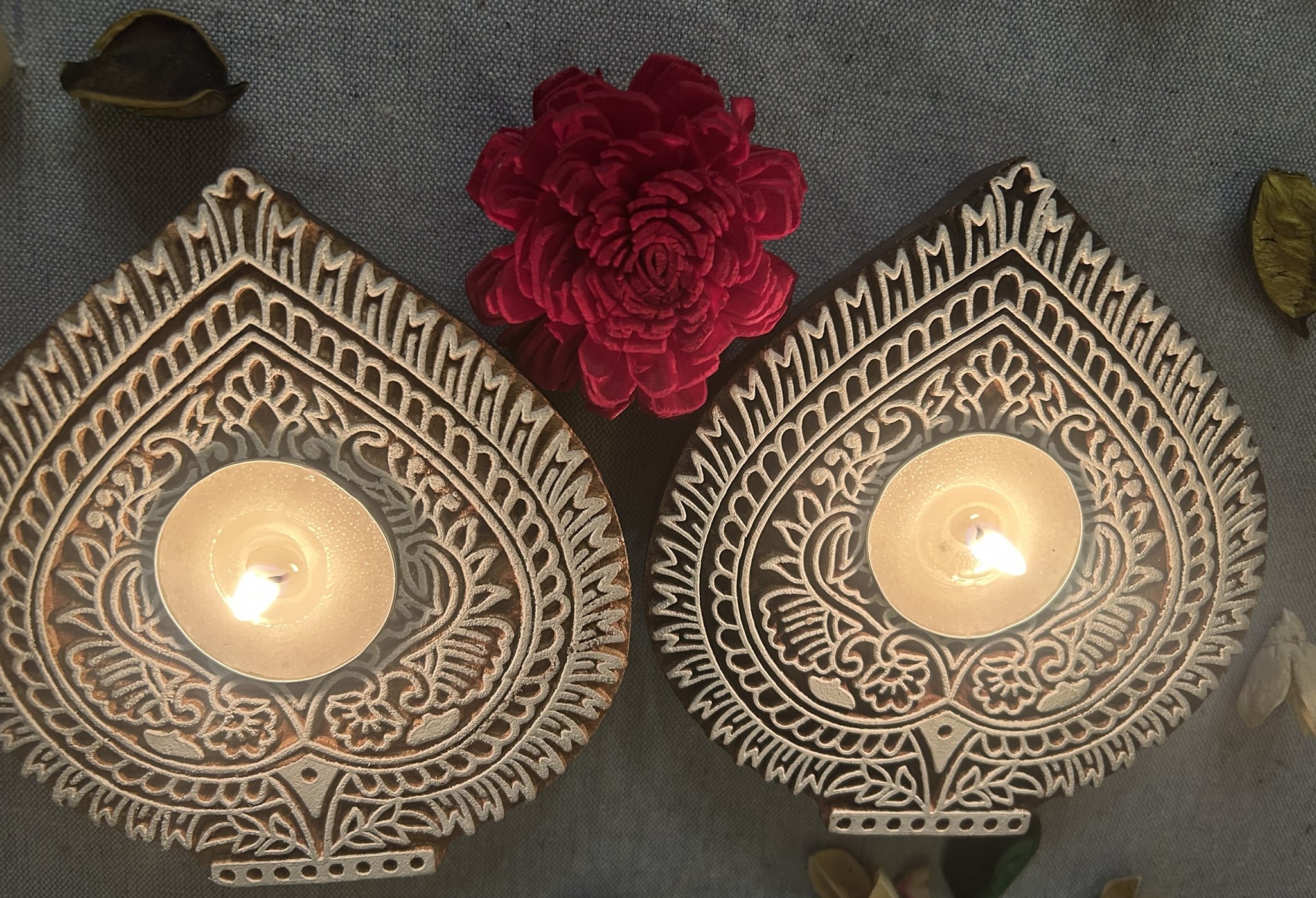 Paan - Wooden Block T-Light Candle Holders - Set of 2 - Image 3