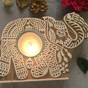 Elephant - Wooden Block T-Light Candle Holders - Set of 2