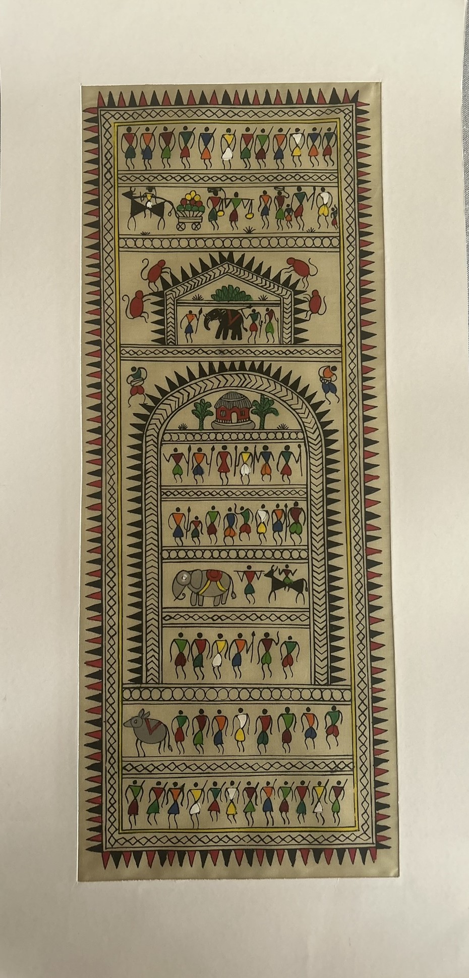 Warli #2 - Pattachitra Art - Tussore Silk Painting - 6*16 inch - In Silk Cloth - Unframed - Image 4