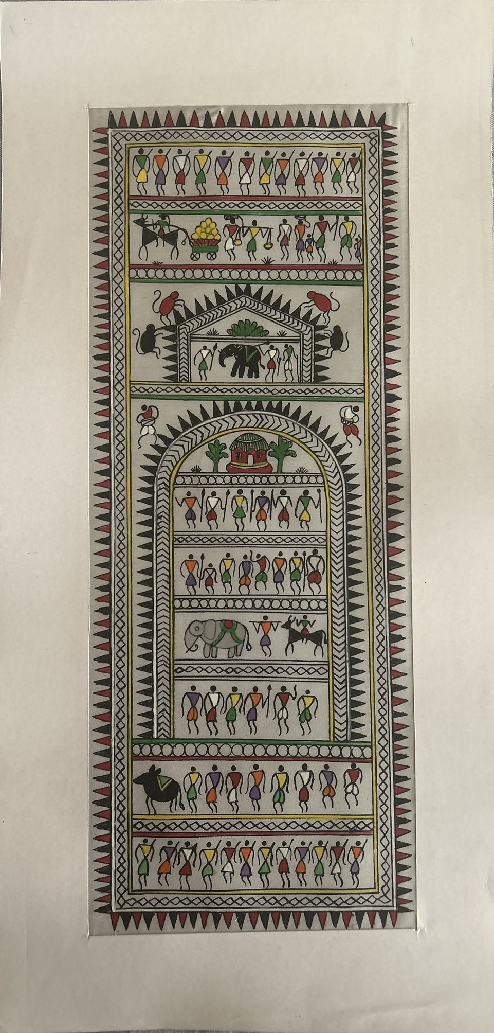 Warli #2 - Pattachitra Art - Tussore Silk Painting - 6*16 inch - In Silk Cloth - Unframed - Image 3
