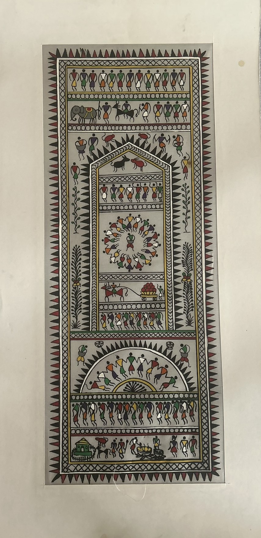 Warli #1 - Pattachitra Art - Tussore Silk Painting - 6*16 inch - In Silk Cloth - Unframed - Image 2