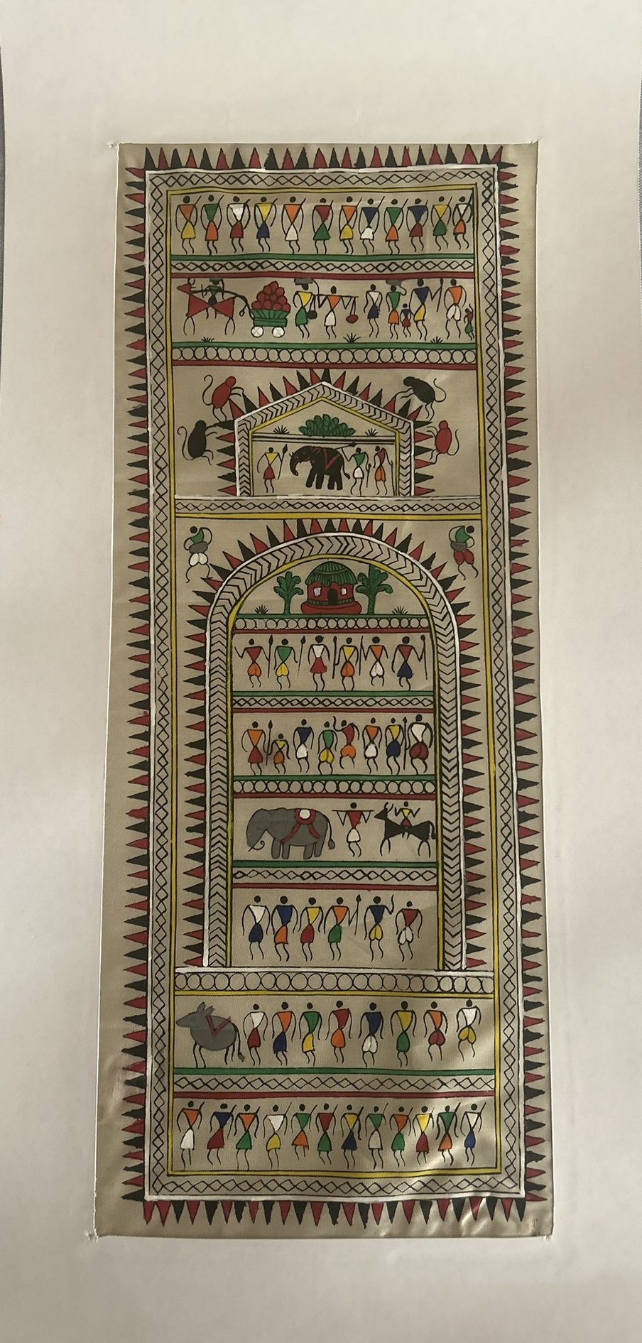 Warli #2 - Pattachitra Art - Tussore Silk Painting - 6*16 inch - In Silk Cloth - Unframed