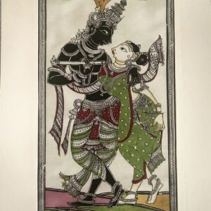 Radha Krishna Pattachitra Art (Black & Green) - Tussore Silk Painting - 6*16 inch - Unframed - In Silk Cloth only