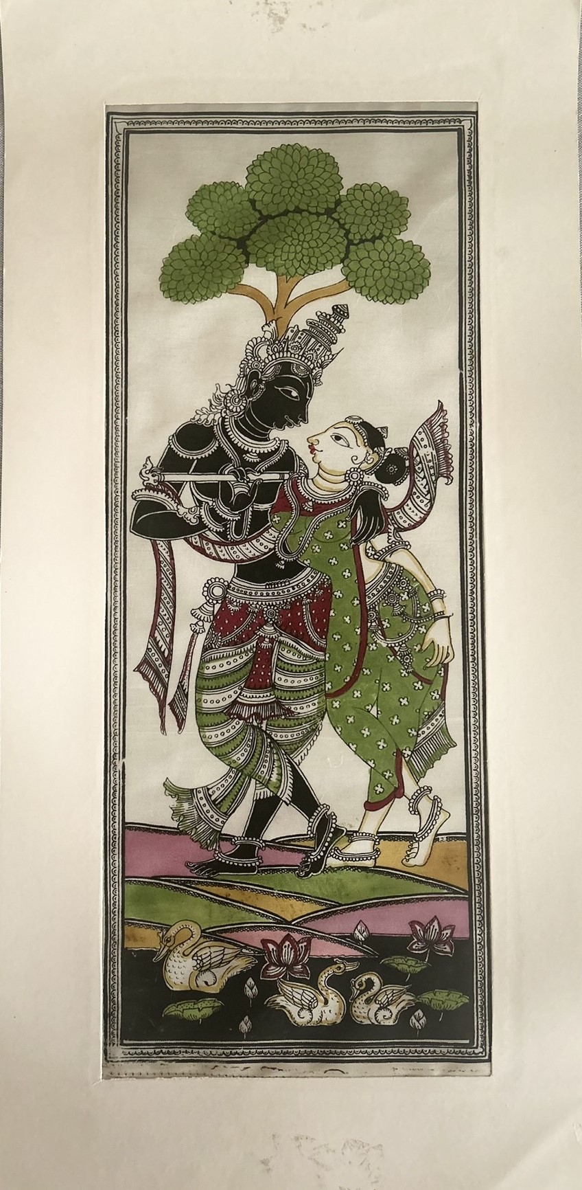 Radha Krishna Pattachitra Art (Black & Green) - Tussore Silk Painting - 6*16 inch - Unframed - In Silk Cloth only