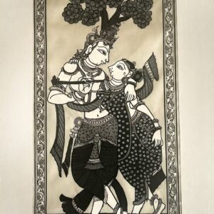 Radha Krishna Pattachitra Art (Black and Grey) - Tussore Silk Painting - 6*16 inch - Unframed - In Silk Cloth only