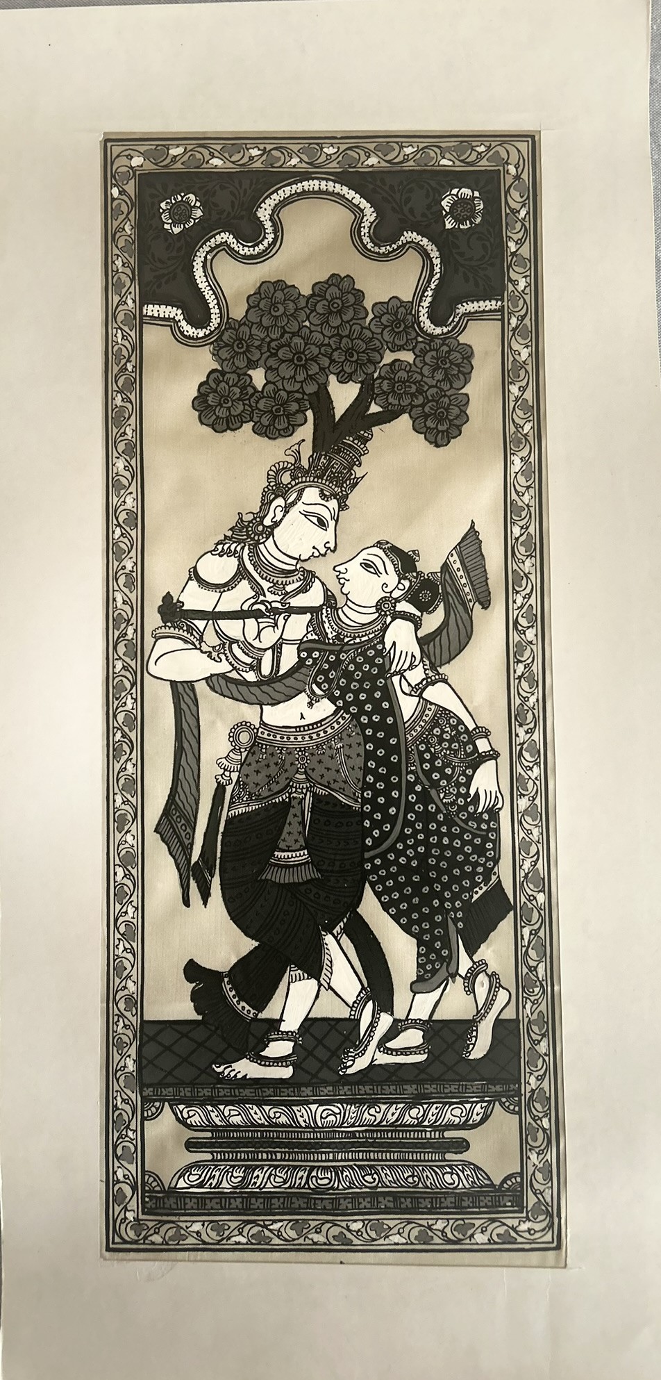 Radha Krishna Pattachitra Art (Black and Grey) - Tussore Silk Painting - 6*16 inch - Unframed - In Silk Cloth only