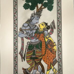Radha Krishna Pattachitra Art (Orange and Blue) - Tussore Silk Painting - 6*16 inch - Unframed - In Silk Cloth only
