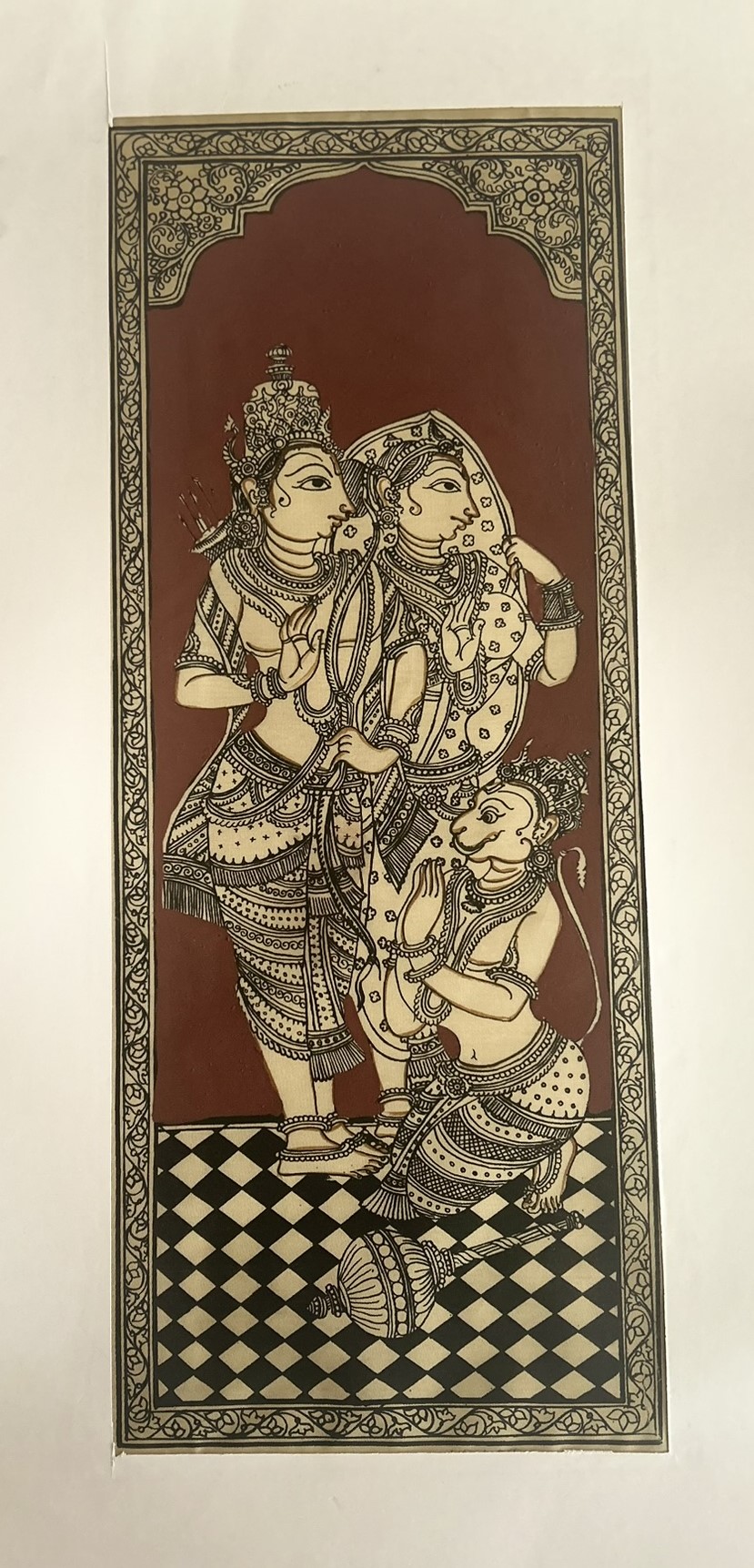 Shri Ram, Sita and Hanuman ji - Tussore Silk Painting - 6*16 inch - Unframed - In Silk Cloth only