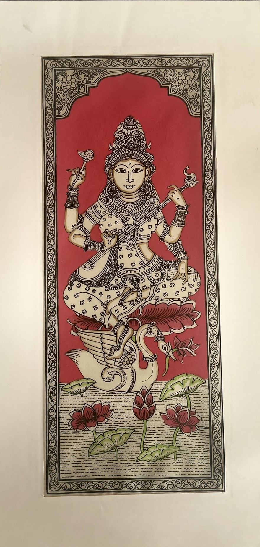 Maa Saraswati Pattachitra Art - Tussore Silk Painting - 6*16 inch - Unframed - In Silk Cloth only - Image 3