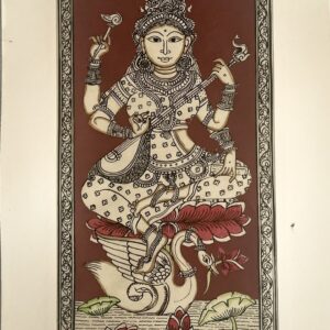 Maa Saraswati Pattachitra Art - Tussore Silk Painting - 6*16 inch - Unframed - In Silk Cloth only