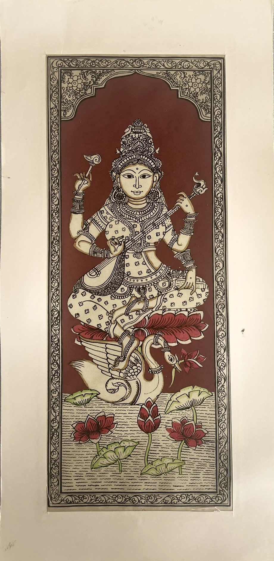 Maa Saraswati Pattachitra Art - Tussore Silk Painting - 6*16 inch - Unframed - In Silk Cloth only