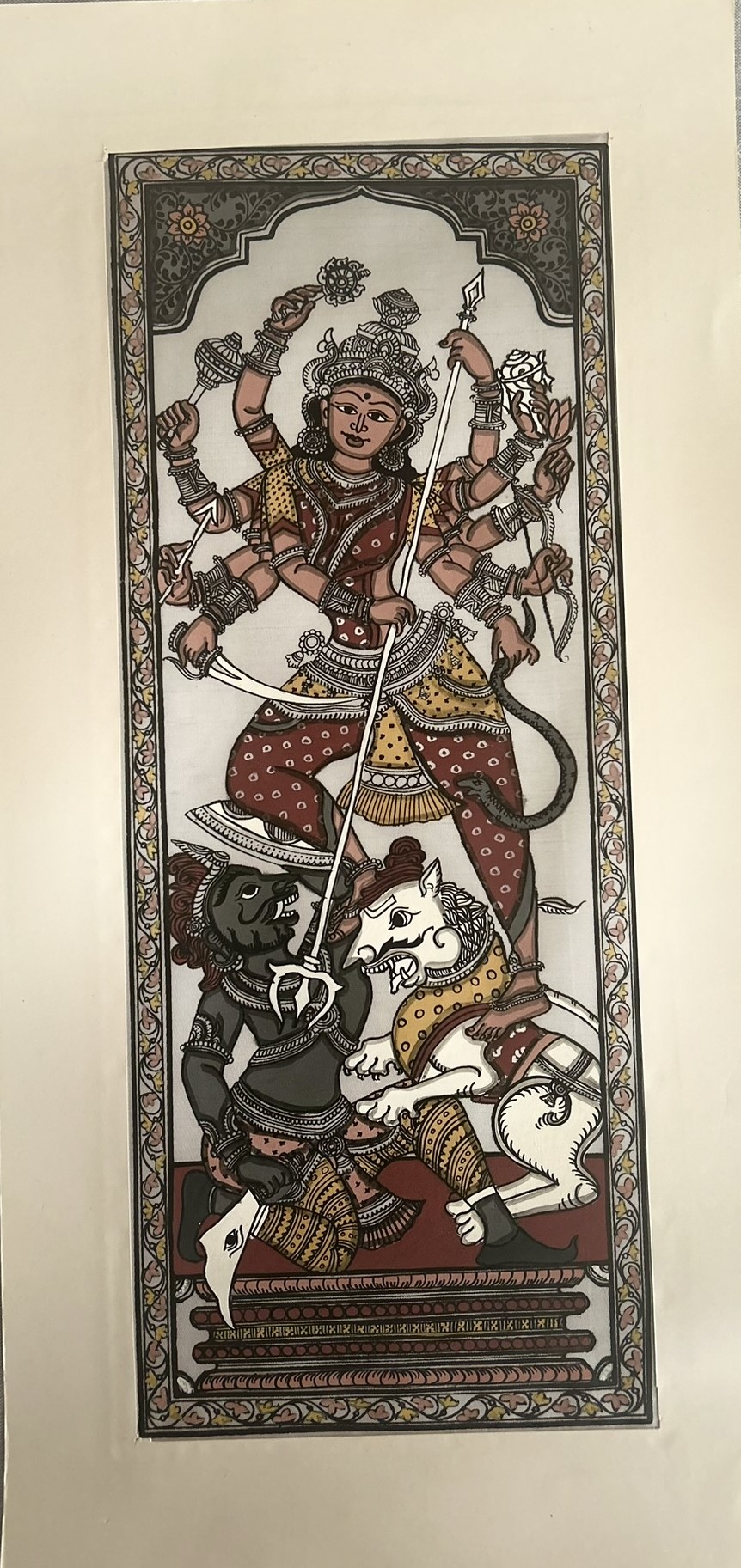 Maa Durga in Colour Pattachitra Art - Tussore Silk Painting - 6*16 inch - Unframed - In Silk Cloth only