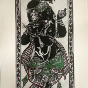 Ganesh Side Face Pattachitra Art (Black & Green) - Tussore Silk Painting - 6*16 inch - In Silk Cloth - Unframed