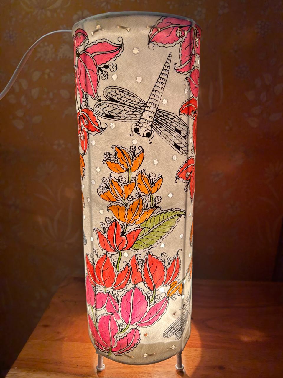 Bougainvillea Floral moth Pink-Orange - Tholu Bommalata Leather Lampshade with Plug & Wire – 13-Inch - Image 4